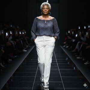 2XL Chic Navy/ White Patterned Blouse with Button Accents